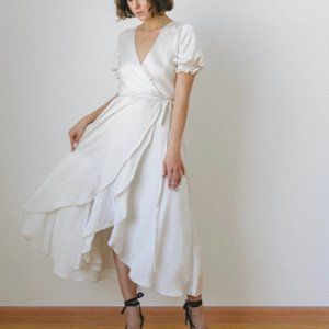 Puff sleeve midi white wrap dress